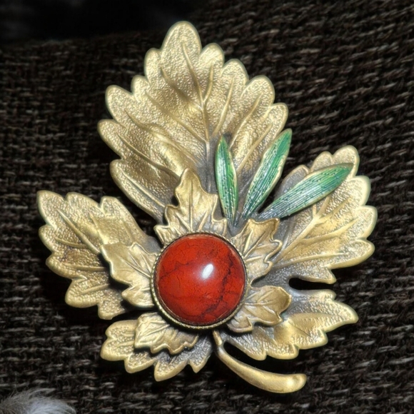 Vintage Maple Leaf Brooch Pin Layered Multi Metal & Agate Accent 2" Fall Jewelry - Picture 2 of 6